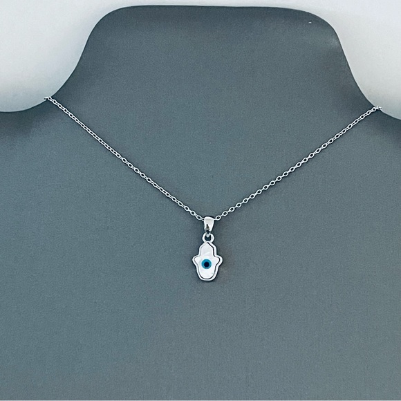 Sterling Silver Mother of Pearl Blue Evil Eye Hamsa Necklace, Silver Necklace - Picture 4 of 11